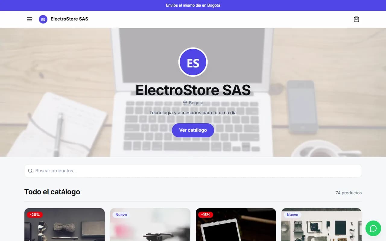 Catálogo público de una tienda visto en el computador, con portada, categorías y productos