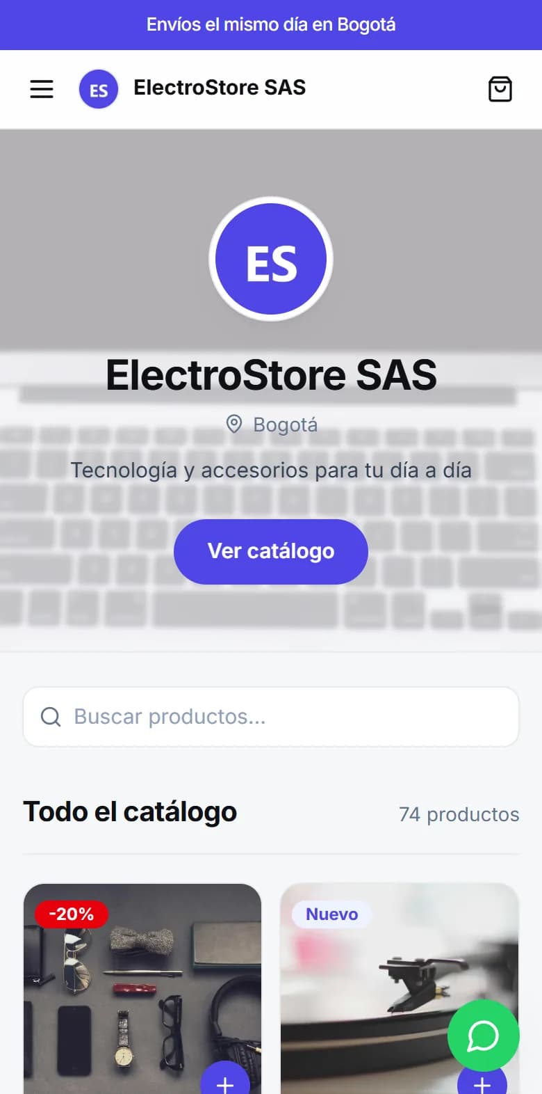 Catálogo público de una tienda visto en el celular