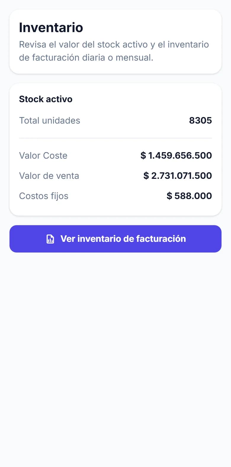 Pantalla de inventario con el valor del stock activo