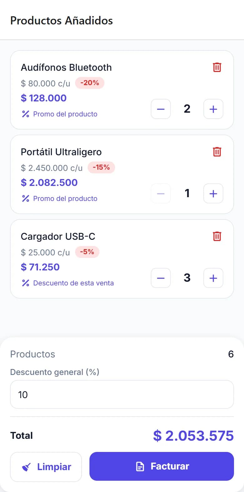 Pantalla de facturación con un carrito, promociones y un descuento general